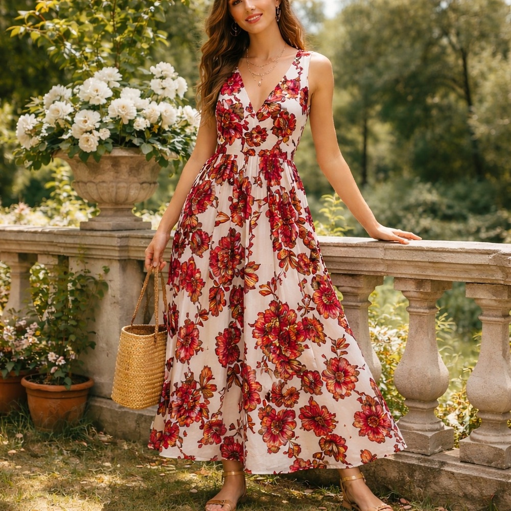 Aryeh Cream Red Floral XS Maxi Dress Boho Cottagecore V Neck Sleeveless